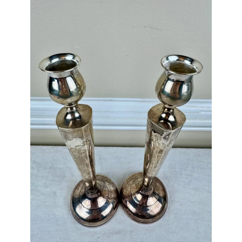Vintage Sterling Silver Weighted Candlesticks Pair Art Deco Taper 9.5